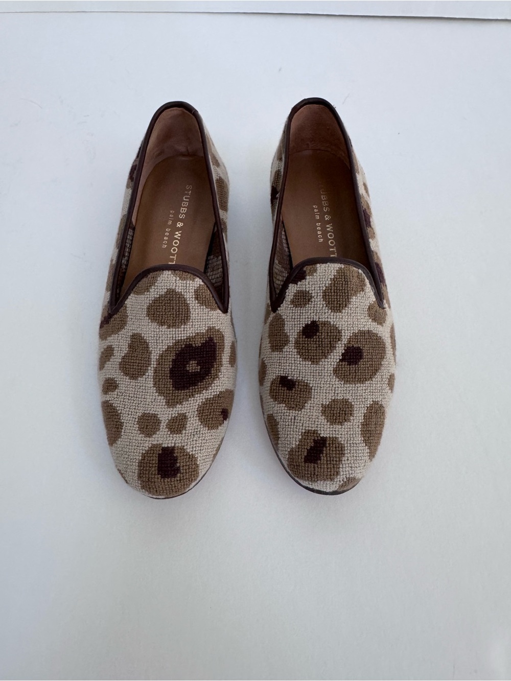 Stubbs & Wootton Beige and Brown Leopard Needlepoint Loafers